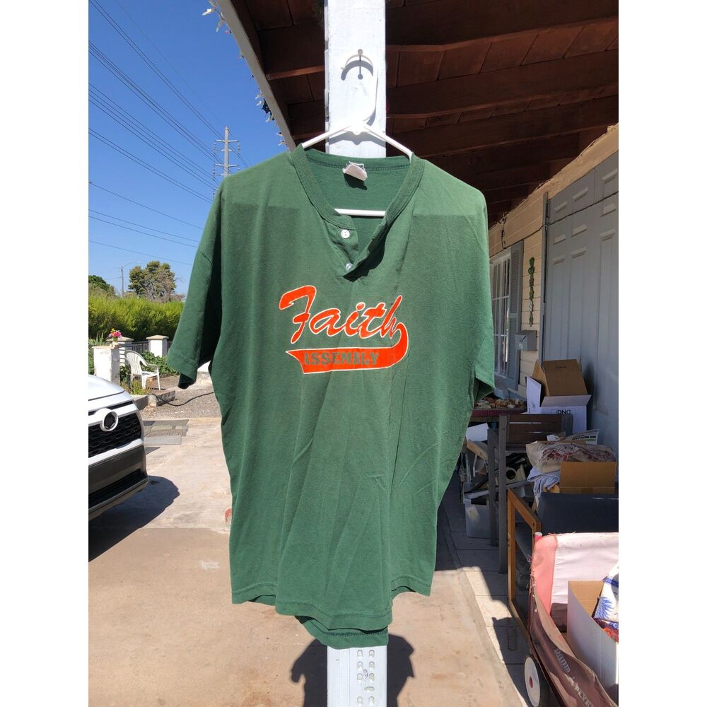 Vtg 90s Russell Athletic Henley Jersey Shirt Green XL Faith Assembly 44 USA Boxy